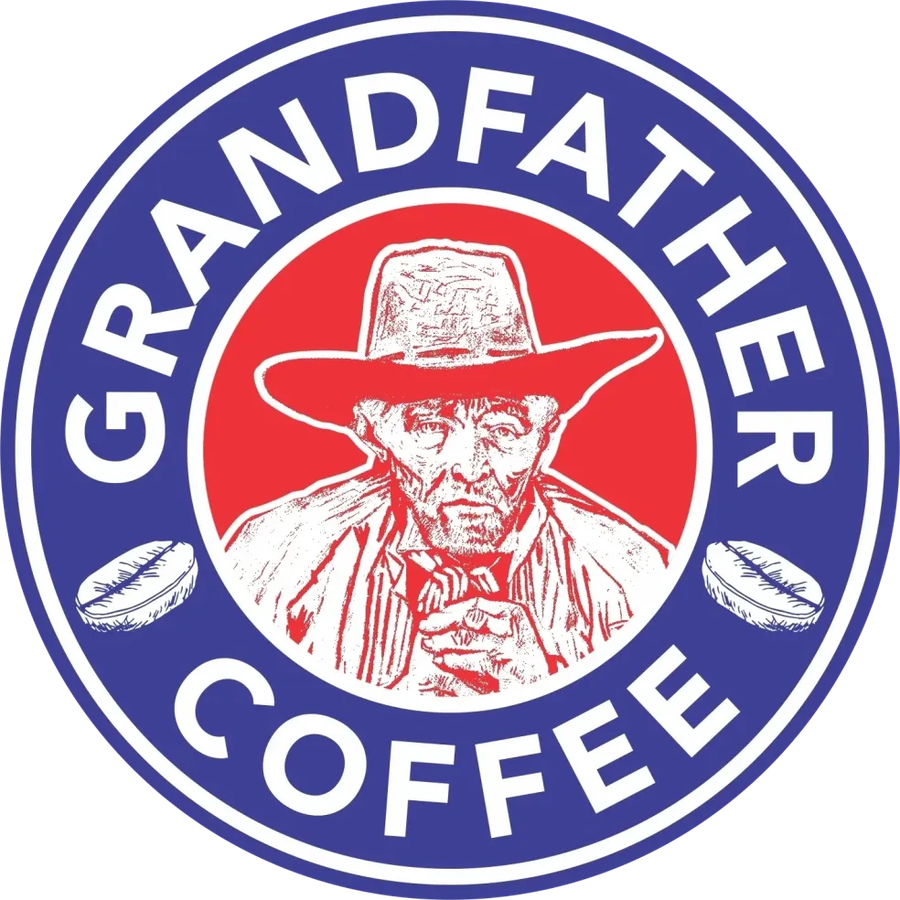 Grandfather Coffee — selo com a figura de um avô de chapéu, cercado por anel azul